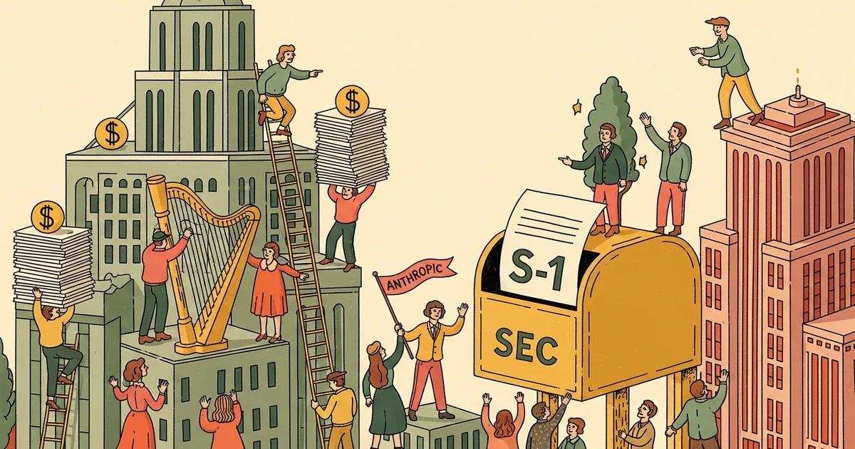 Editorial illustration for: Anthropic Beat OpenAI to the SEC: Confidential S-1 Filed at $965 Billion
