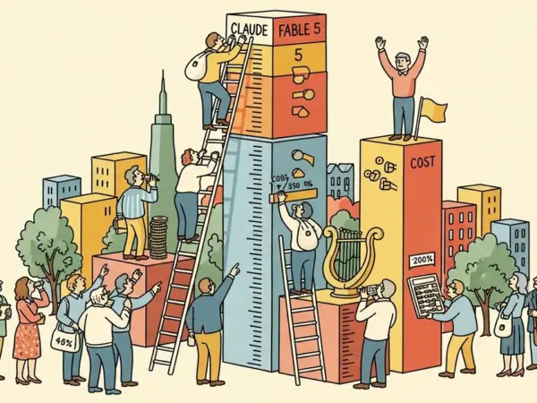 Editorial illustration for: Claude Fable 5 Tops the Intelligence Index, at Twice the Cost for 5.7% More