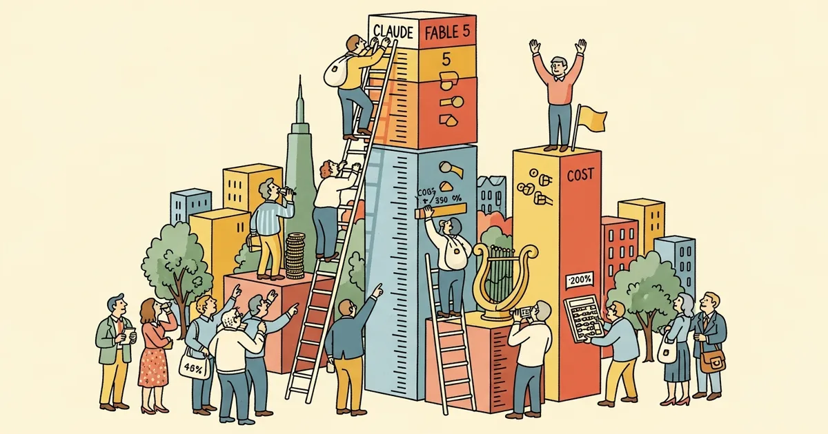 Editorial illustration for: Claude Fable 5 Tops the Intelligence Index, at Twice the Cost for 5.7% More