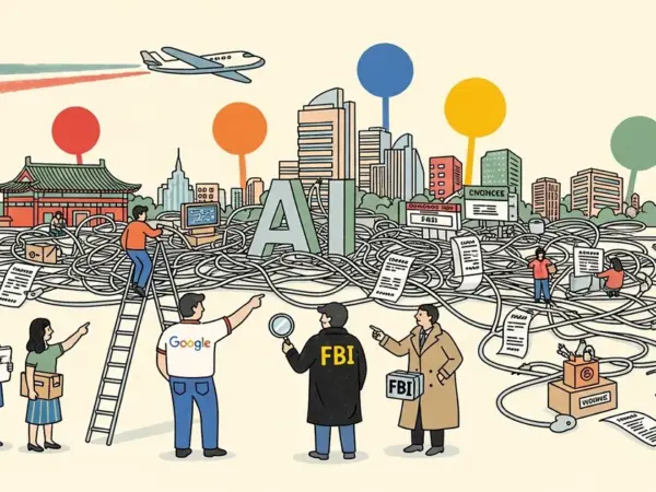 Editorial illustration for: Google Files First Joint Lawsuit With the FBI Over a Chinese AI Scam Network