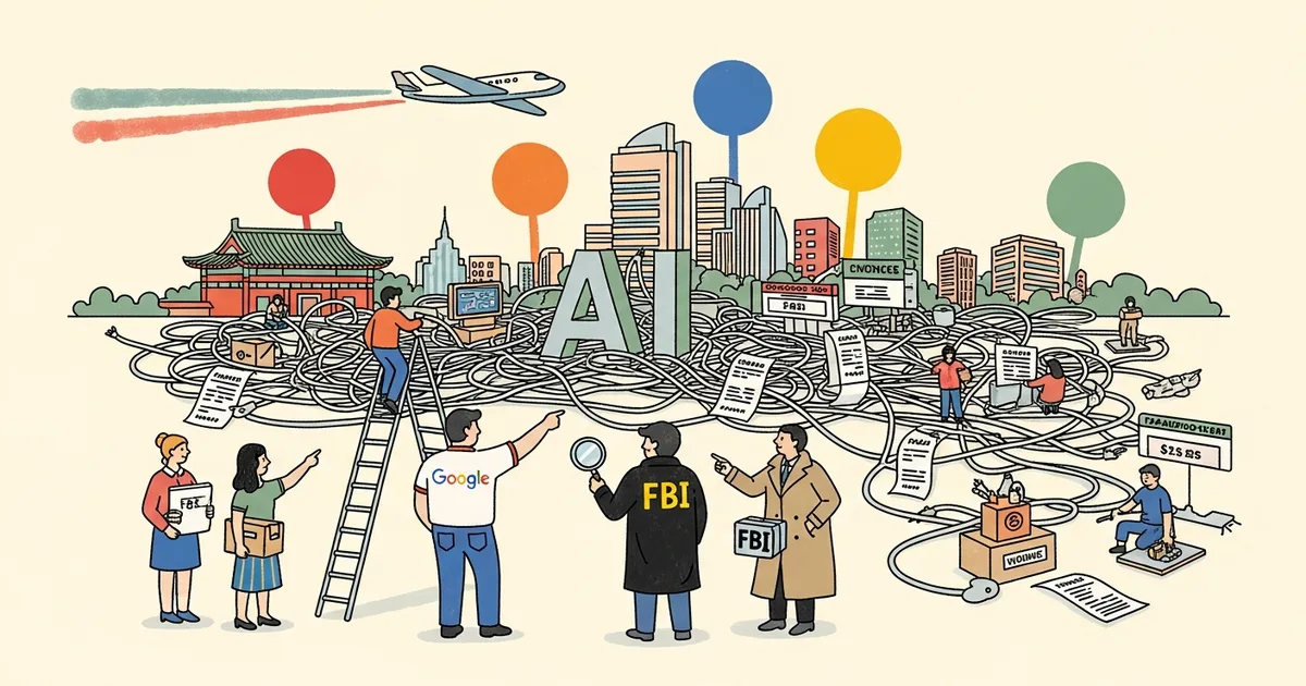 Editorial illustration for: Google Files First Joint Lawsuit With the FBI Over a Chinese AI Scam Network
