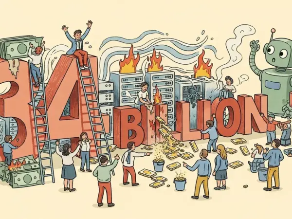 Editorial illustration for: OpenAI Burned Through $34 Billion Last Year, FT Confirms
