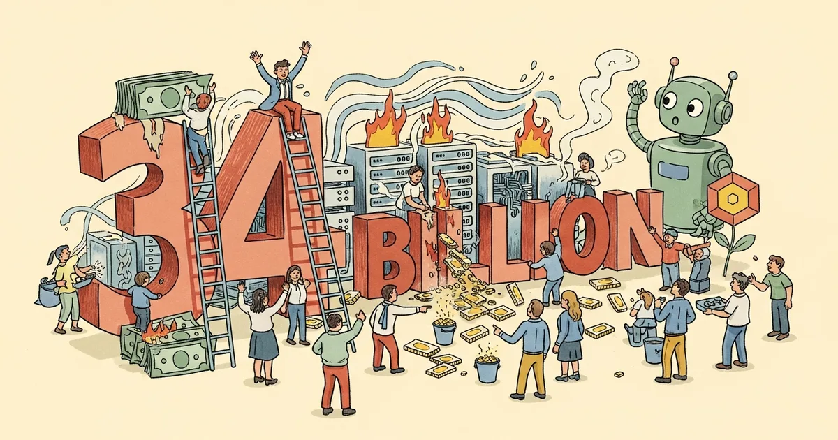 Editorial illustration for: OpenAI Burned Through $34 Billion Last Year, FT Confirms