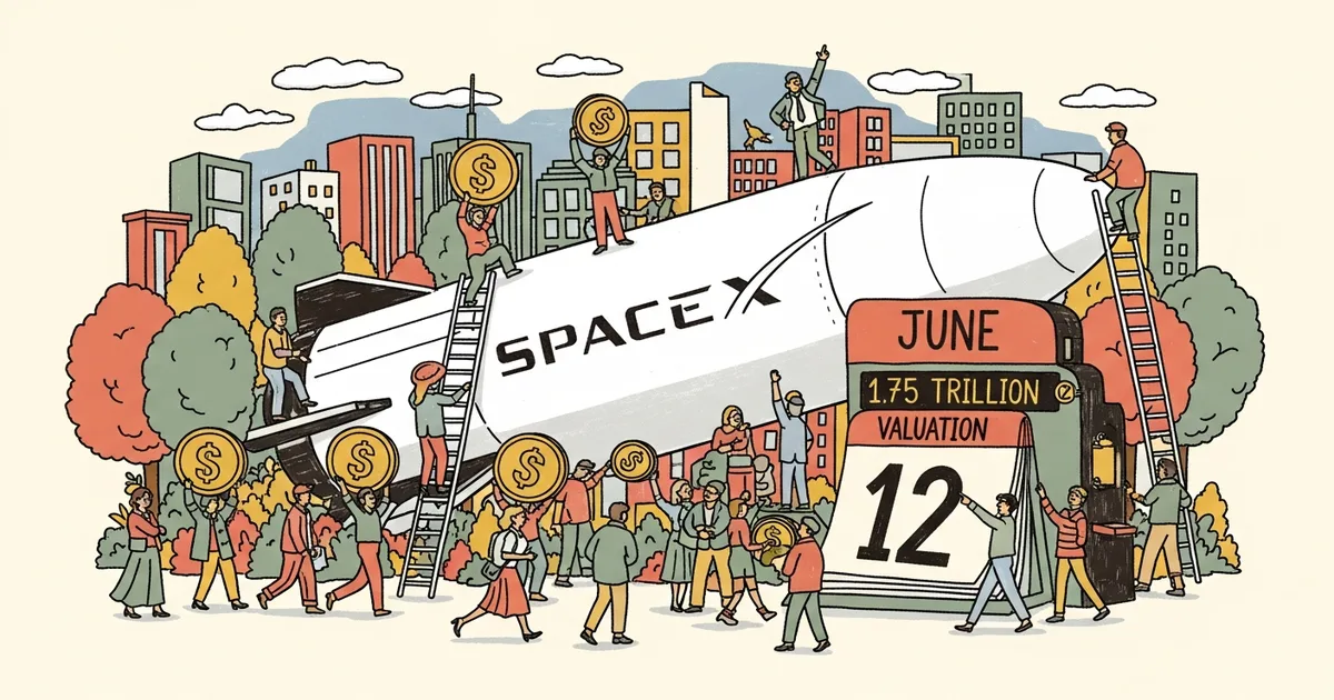Editorial illustration for: SpaceX IPO Prices June 11, Trades June 12 at a $1.75 Trillion Valuation