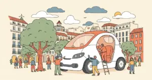 Editorial illustration for: Uber Launches Europe's First Commercial Robotaxi — in Madrid, With WeRide