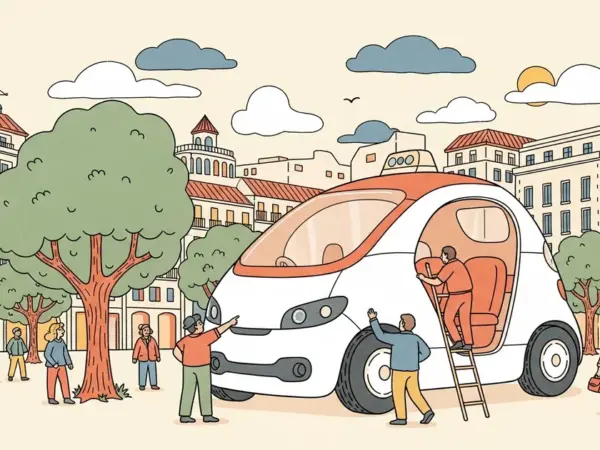 Editorial illustration for: Uber Launches Europe's First Commercial Robotaxi — in Madrid, With WeRide
