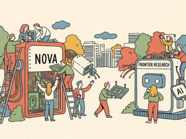 Editorial illustration for: Amazon Scales Back Its Nova AI Models, Pivots to a Frontier Research Team
