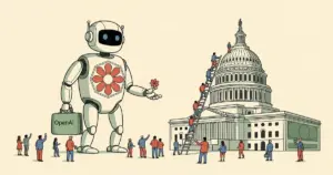 Editorial illustration for: OpenAI Is Offering the US Government a 5% Stake — A $50 Billion Gift That Makes the Referee a Sha
