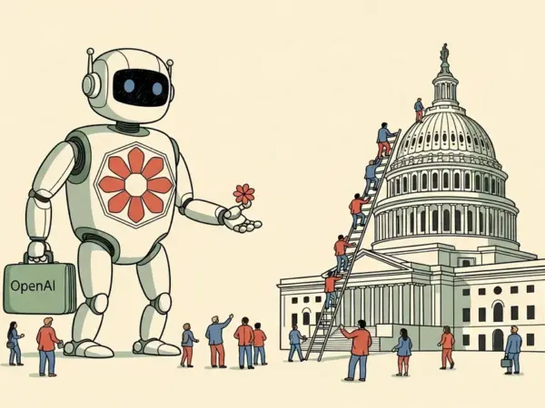Editorial illustration for: OpenAI Is Offering the US Government a 5% Stake — A $50 Billion Gift That Makes the Referee a Sha