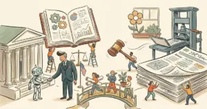 Editorial illustration for: Trump Administration Backs OpenAI's Fair-Use Defense in New York Times Lawsuit