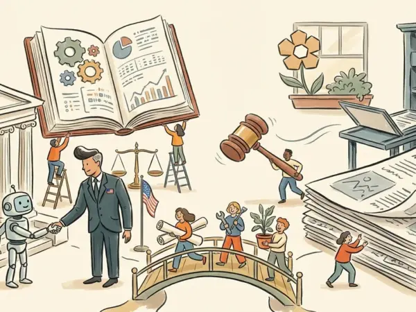 Editorial illustration for: Trump Administration Backs OpenAI's Fair-Use Defense in New York Times Lawsuit