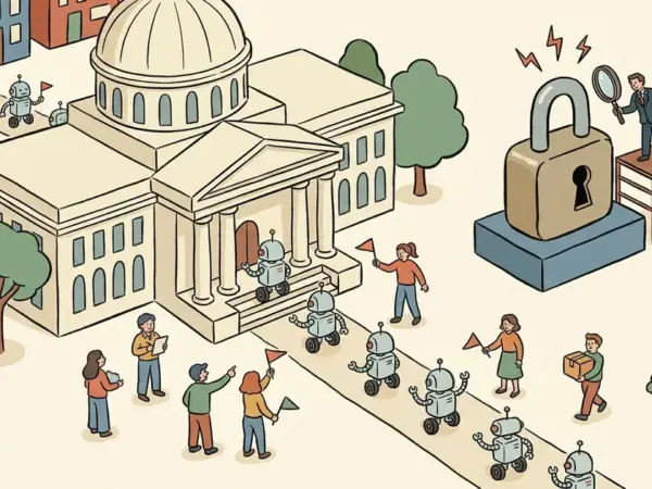 Editorial illustration for: AI Bots Are Now Half of Traffic to the Fed's FRED Site as Dimon Warns on Cyber Risk