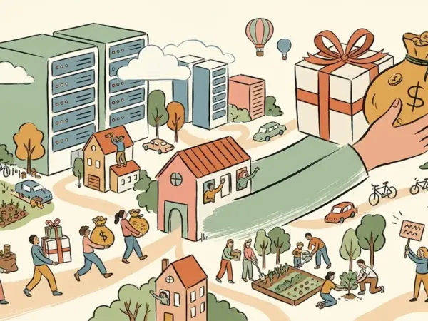 Editorial illustration for: Amazon Pledges $1 Billion for Communities Near Its Data Centers as Backlash Intensifies