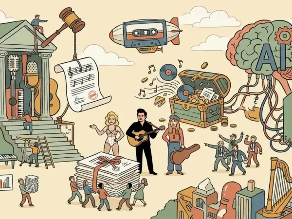 Editorial illustration for: Anthropic, Suno Face $338 Million in Suits Over Madonna, Cash, Mitchell Songs