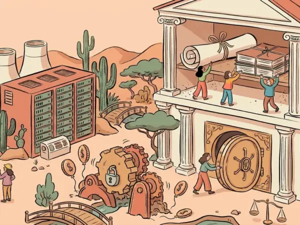 Editorial illustration for: Banks Shelve Bond Sale for the $15 Billion Anthropic-Tied Texas Data Center