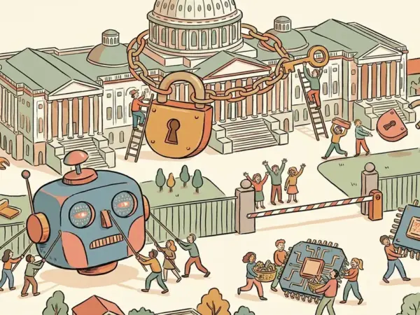 Editorial illustration for: US Bars DeepSeek From Federal Agency Systems and Contracts