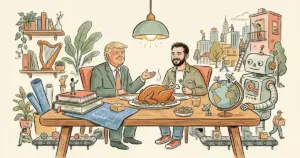 Editorial illustration for: Trump Says He Liked Anthropic's Amodei After Dinner, Signaling a Possible Détente