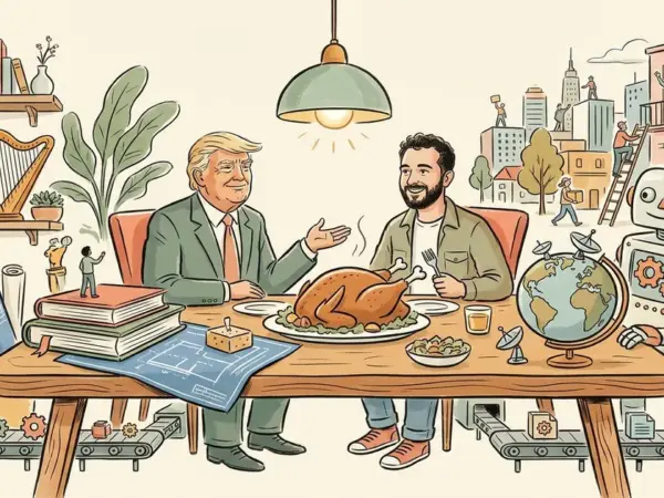 Editorial illustration for: Trump Says He Liked Anthropic's Amodei After Dinner, Signaling a Possible Détente