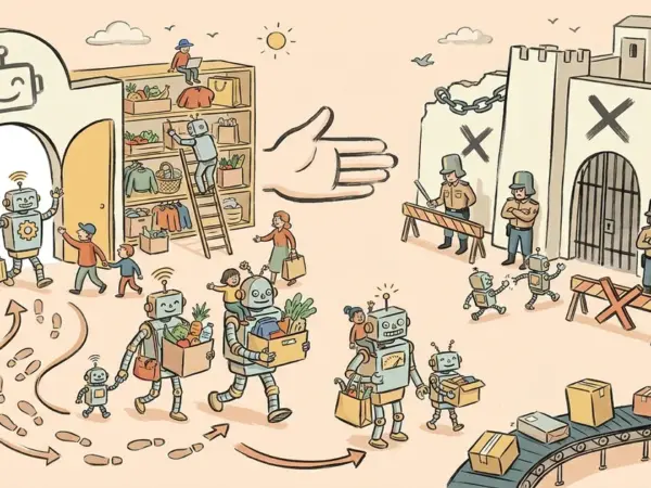 Editorial illustration for: Walmart Opens Its Store to AI Shopping Agents as Amazon Moves to Block Them
